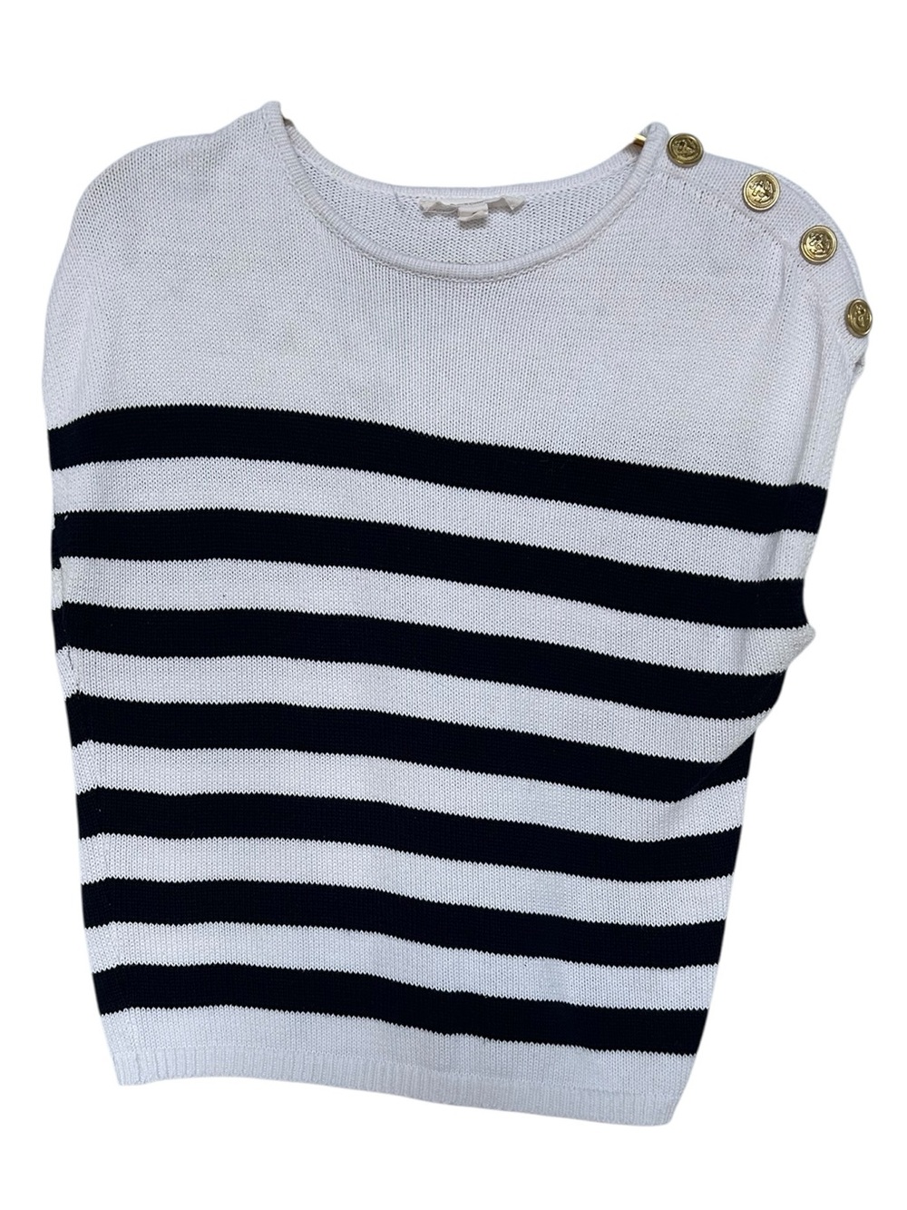 Brit NY Striped Crewneck Sweater with Gold Shoulder Buttons - White & Navy Blue